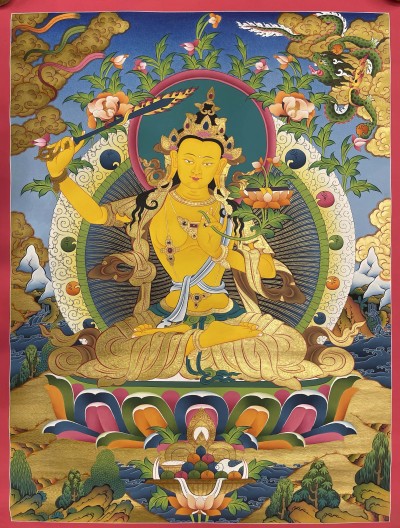 Buddhist Hand Painted Thangka Of Manjushri, [real Gold], Lamas Art