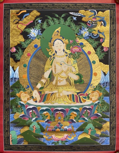 Buddhist Hand Painted Thangka Of White Tara, [real Gold], Lamas Art