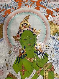 Buddhist Hand Painted Thangka Of Green Tara, [real Silver], Lamas Art