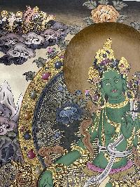 Buddhist Hand Painted Thangka Of Green Tara, Lamas Art