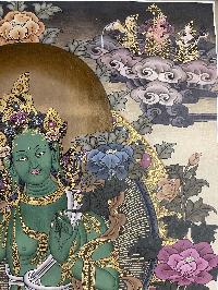 Buddhist Hand Painted Thangka Of Green Tara, Lamas Art