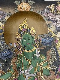 Buddhist Hand Painted Thangka Of Green Tara, Lamas Art