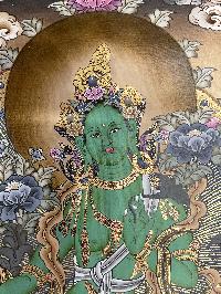 Buddhist Hand Painted Thangka Of Green Tara, Lamas Art