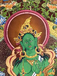 Buddhist Hand Painted Thangka Of Green Tara, [real Gold], Lamas Art