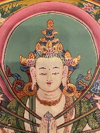 Buddhist Hand Painted Thangka Of Avalokiteshvara Or Chenrezig, [real Gold], Lama`s Art, Three Great Bodhisattvas