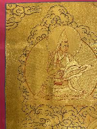 Buddhist Hand Painted Thangka Of Shakyamuni Buddha, [real Gold], Lama`s Art With Tsongkhapa, Manjushri, Chenrezig And Vajrapani.