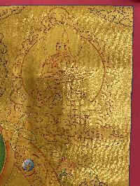 Buddhist Hand Painted Thangka Of Shakyamuni Buddha, [real Gold], Lama`s Art With Tsongkhapa, Manjushri, Chenrezig And Vajrapani.