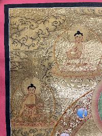 Buddhist Hand Painted Thangka Of Shakyamuni Buddha, [real Gold], Lama`s Art With Pancha Buddha On Top