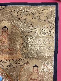 Buddhist Hand Painted Thangka Of Shakyamuni Buddha, [real Gold], Lama`s Art With Pancha Buddha On Top