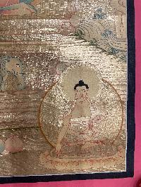 Buddhist Hand Painted Thangka Of Shakyamuni Buddha, [real Gold], Lama`s Art With Pancha Buddha On Top