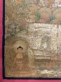 Buddhist Hand Painted Thangka Of Shakyamuni Buddha, [real Gold], Lama`s Art With Pancha Buddha On Top