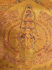 Buddhist Hand Painted Thangka Of Sahasrabhuja Avalokitesvara, [real Gold], Lama`s Art With Pancha Buddha At Top And Manjushri Vajrapani At Bottom