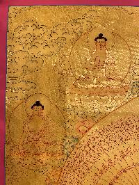 Buddhist Hand Painted Thangka Of Sahasrabhuja Avalokitesvara, [real Gold], Lama`s Art With Pancha Buddha At Top And Manjushri Vajrapani At Bottom