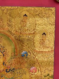 Buddhist Hand Painted Thangka Of White Tara, [real Gold], Lama`s Art With Pancha Buddha At Top