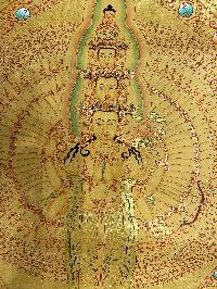 Buddhist Hand Painted Thangka Of Sahasrabhuja Avalokitesvara, [real Gold], Lama`s Art With Pancha Buddha At Top And Manjushri Vajrapani [chana Dorje], [chana Dorje] At Bottom