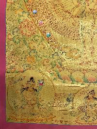 Buddhist Hand Painted Thangka Of Sahasrabhuja Avalokitesvara, [real Gold], Lama`s Art With Pancha Buddha At Top And Manjushri Vajrapani [chana Dorje], [chana Dorje] At Bottom