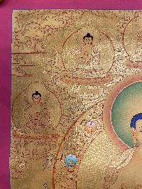 Buddhist Hand Painted Thangka Of Shakyamuni Buddha, [real Gold] With Pancha Buddha On Top, Lamas Art