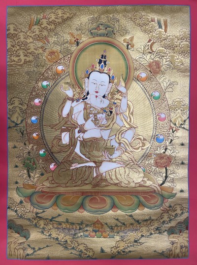 Buddhist Hand Painted Thangka Of Vajrasattva With Consort, [shakti], Yab-yum, [real Gold], Lamas Art