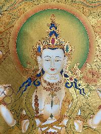 Buddhist Hand Painted Thangka Of Chenrezig, [real Gold], Lama`s Art, Three Great Bodhisattvas