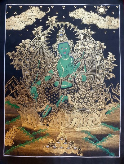 Buddhist Thangka Of Green Tara Thangka, [black And Golden]