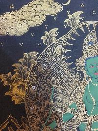 Buddhist Thangka Of Green Tara Thangka, [black And Golden]