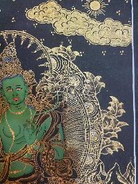 Buddhist Thangka Of Green Tara Thangka, [black And Golden]