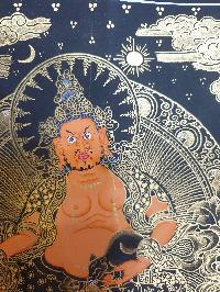 Buddhist Thangka Of Yellow Jambhala Thangka, [black And Golden]