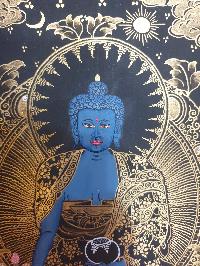 Buddhist Thangka Of Medicine Buddha Thangka, [black And Golden]