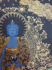 Buddhist Thangka Of Medicine Buddha Thangka, [black And Golden]