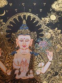 Buddhist Thangka Of Chenrezig Thangka, [black And Golden]