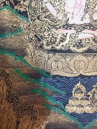 Buddhist Thangka Of Chenrezig Thangka, [black And Golden]