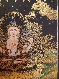 Buddhist Thangka Of Chenrezig Thangka, [black And Golden]