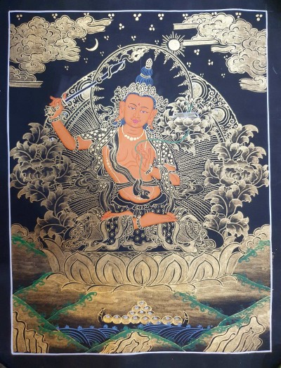 Buddhist Thangka Of Manjushri Thangka, [black And Golden]