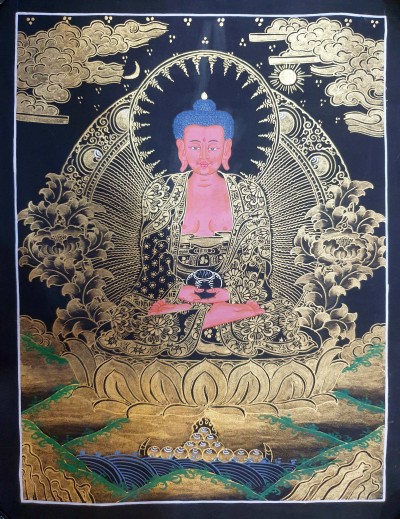 Buddhist Thangka Of Amitabha Buddha Thangka, [black And Golden]