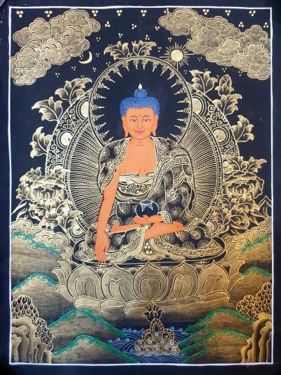 Buddhist Thangka Of Shakyamuni Buddha Thangka, [black And Golden]