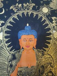 Buddhist Thangka Of Shakyamuni Buddha Thangka, [black And Golden]