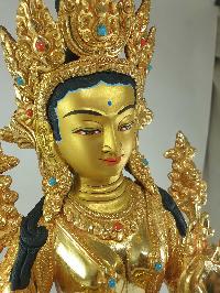 [traditional Style], Buddhist Statue Of Green Tara, [full Fire Gold Plated], With [painted Face]