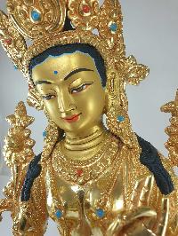 [traditional Style], Buddhist Statue Of Green Tara, [full Fire Gold Plated], With [painted Face]