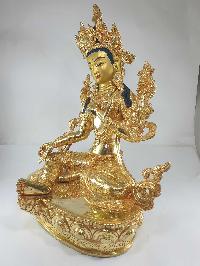 [traditional Style], Buddhist Statue Of Green Tara, [full Fire Gold Plated], With [painted Face]