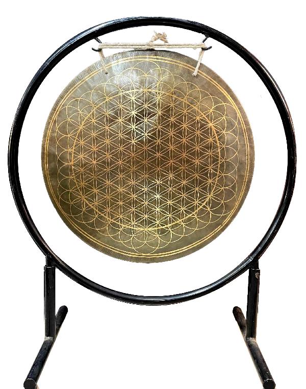 Tibetan Gong With Stand, [flower Etching],  Gong Size 50 Cm, Gong Weight 3000