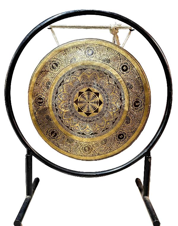 Tibetan Gong With Stand, [mandal Etching], Gong Size 65 X 5 Cm, Gong Weight 11kg
