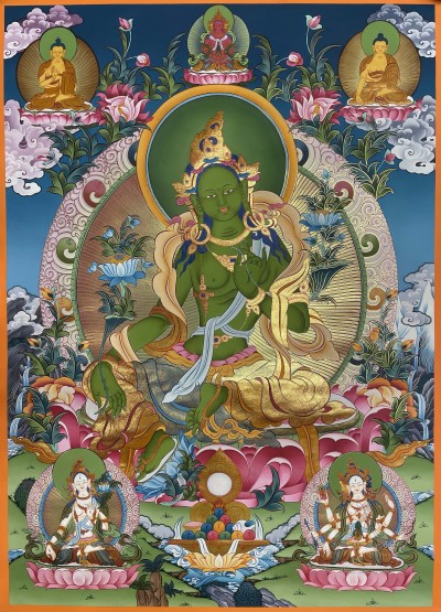 Buddhist Hand Painted Thangka Of Green Tara, [pure 24 Carat Gold, Vegetable Pigment], Lama`s Art