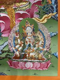 Buddhist Hand Painted Thangka Of Green Tara, [pure 24 Carat Gold, Vegetable Pigment], Lama`s Art