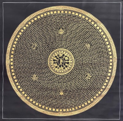 Buddhist Handmade Thangka Of Mandala Thangka, [black And Gold], Lama`s Art