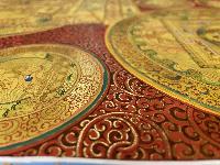 Buddhist Handmade Thangka Of Stupa Thangka, [red, Blue And Gold], Lama`s Art