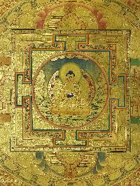 Buddhist Handmade Thangka Of Mandala Thangka, [red, Blue And Gold], Lama`s Art