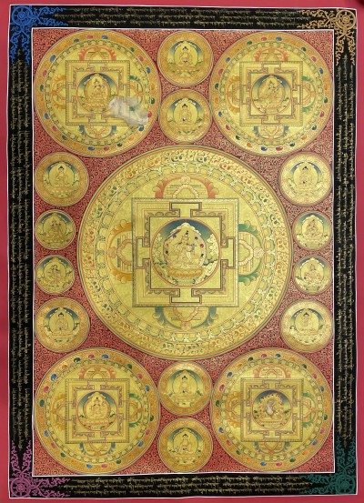 Buddhist Handmade Thangka Of Mandala Thangka, [red, Black And Gold], Lama`s Art