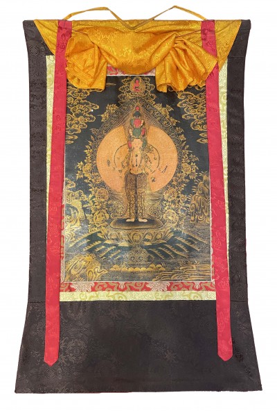 Buddhist Thangka Of Sahasrabhuja Avalokitesvara Thangka, [with Brocade], Lama`s Art