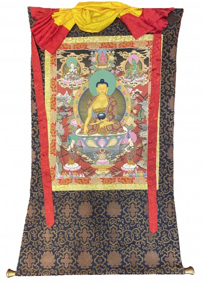 Buddhist Thangka Of Shakyamuni Buddha, In Red Color Thangka, [with Brocade], Lama`s Art