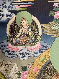 Buddhist Thangka Of Shakyamuni Buddha Thangka, In Blue Color, [with Brocade], Lama`s Art